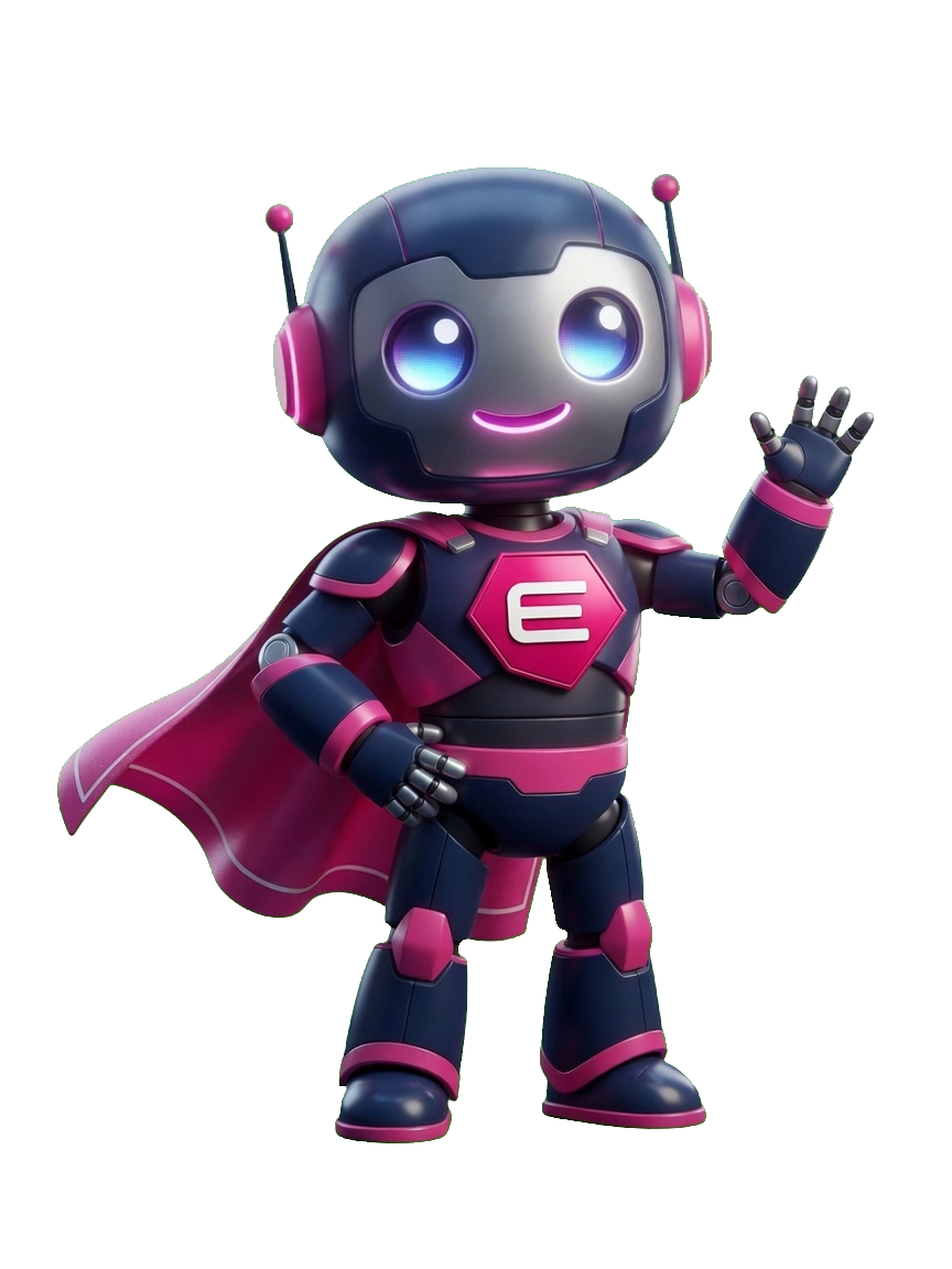eAutomate, your work mate, waving hello with the e on his chest